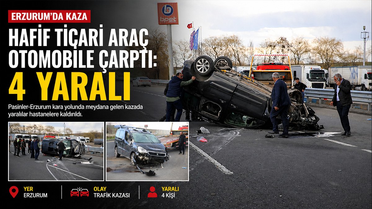 Erzurum'da hafif ticari araç otomobile çarpıp takla attı: 4 yaralı, kaza kamerada