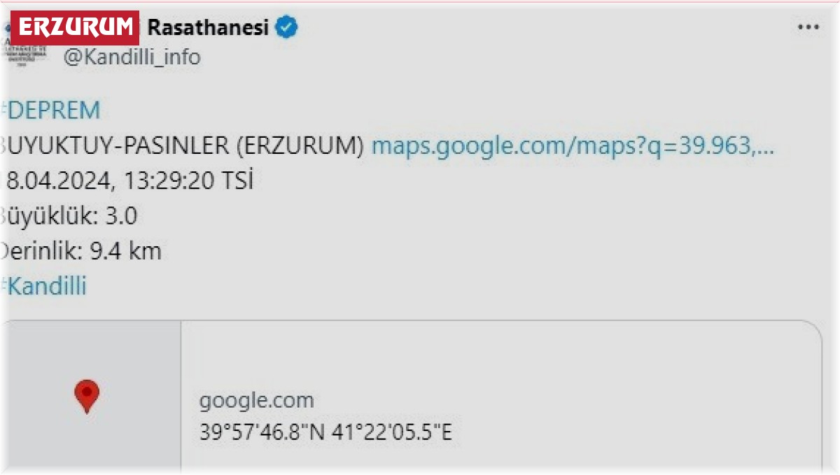 Erzurum'un Pasinler ilçesinde 3,0 büyüklüğünde deprem