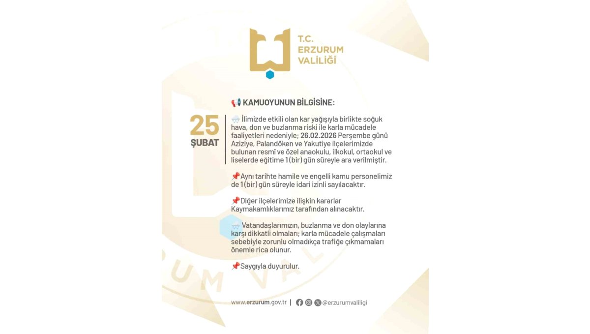 Erzurum’da üç ilçede eğitime kar tatili