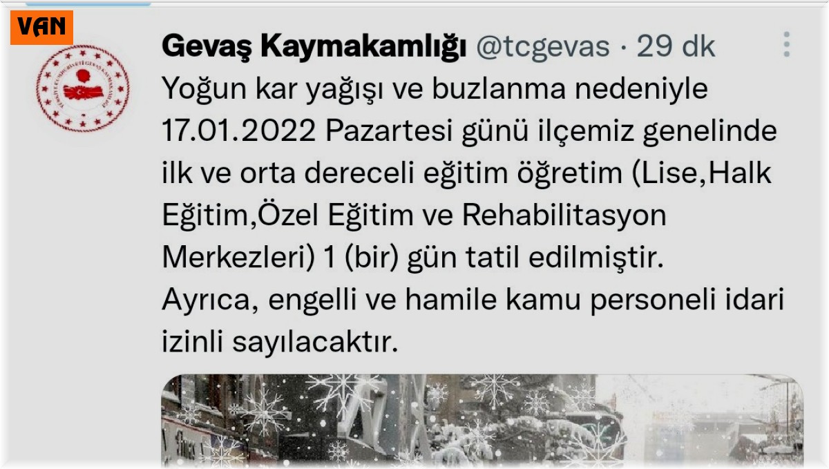 Gevaş'ta okullar 1 gün tatil