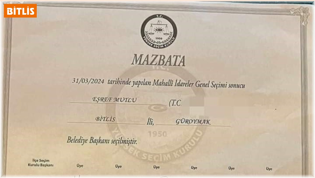 Güroymak Belediye Başkanı seçilen Eşref Mutlu mazbatasını aldı