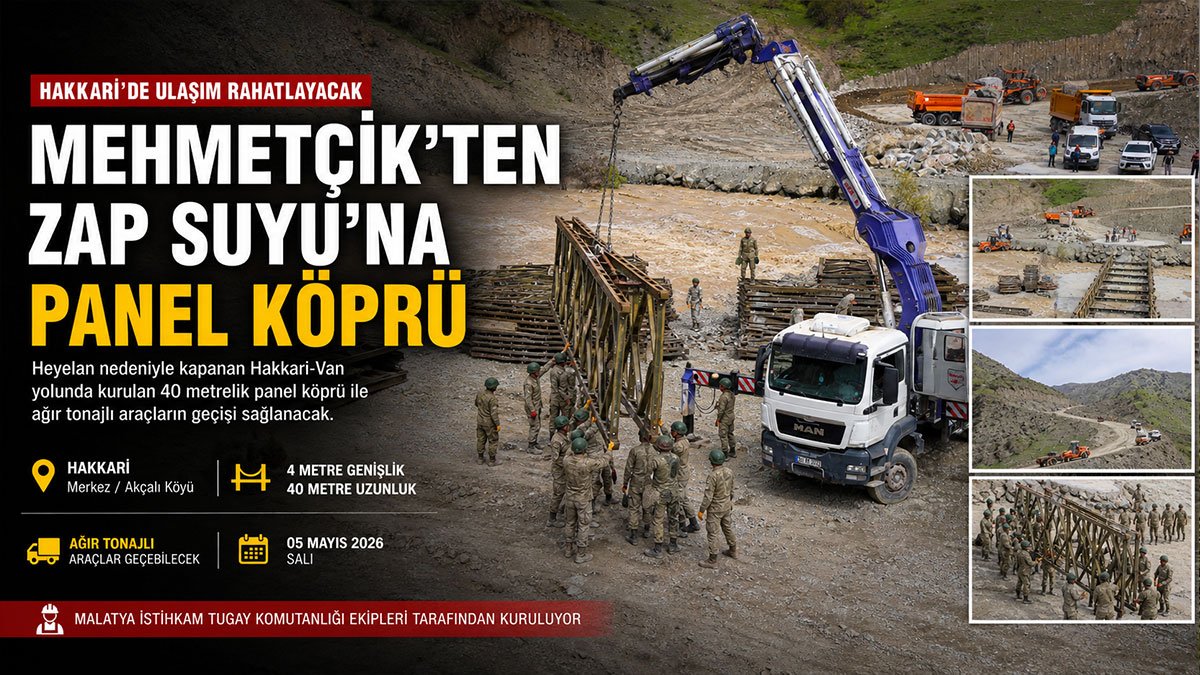 Hakkari'de heyelanla kapanan yol için Mehmetçik 40 metrelik köprü kuruyor