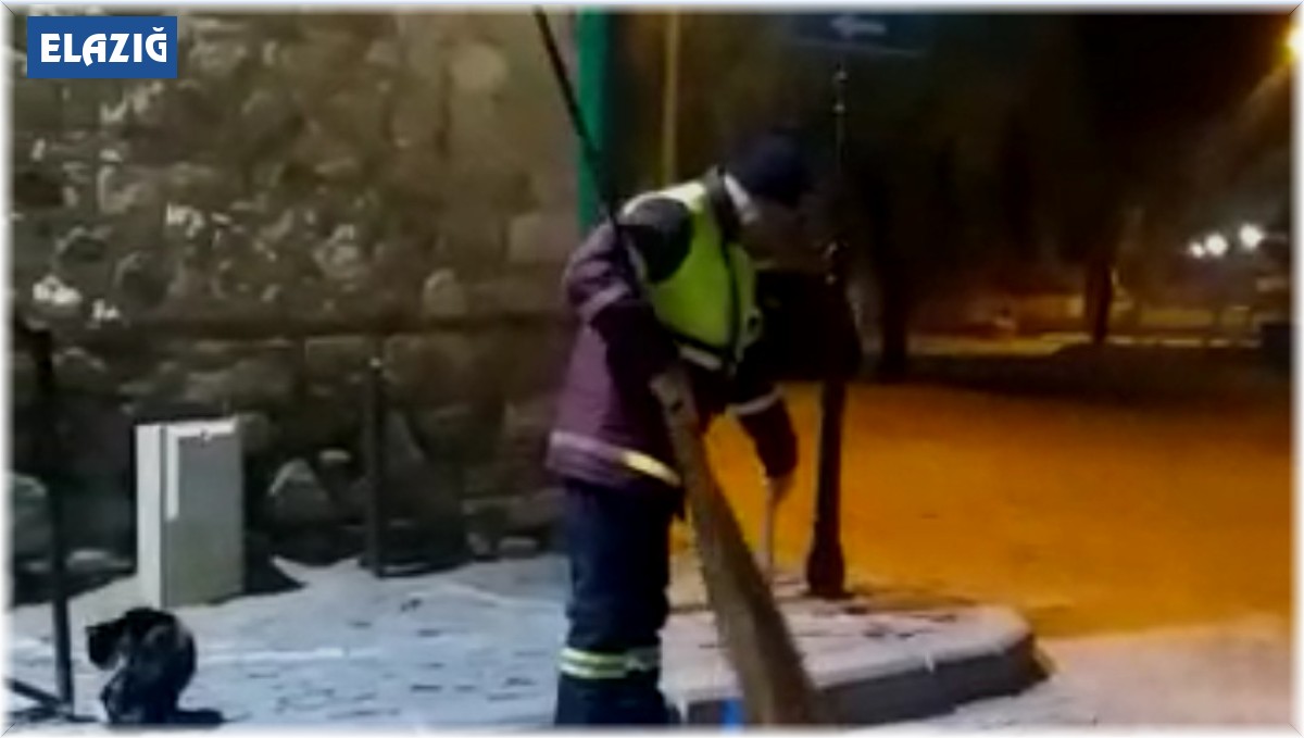 Hem çevreyi temizliyor hem de sokak kedisine süpürgesi ile masaj yapıyor