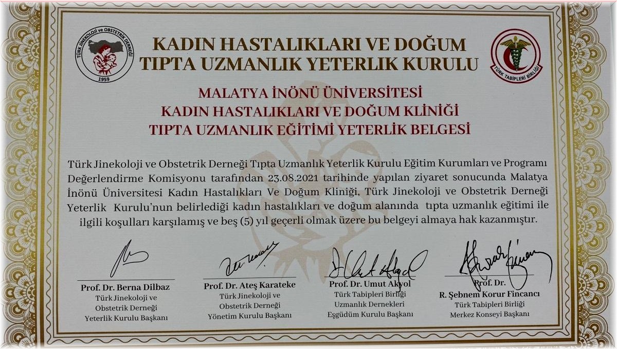 İnönü Kadın Hastalıkları ve Doğum Kliniği'ne yeterlilik belgesi