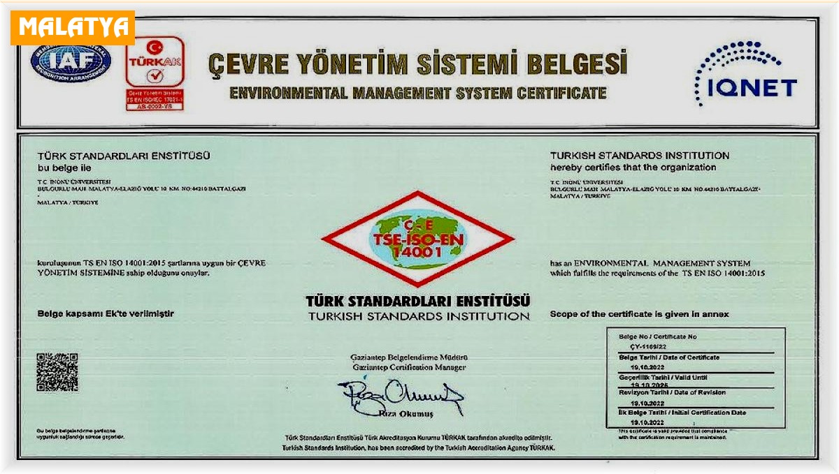 İnönü Üniversitesi'ne Çevre Yönetim Sistemi belgesi