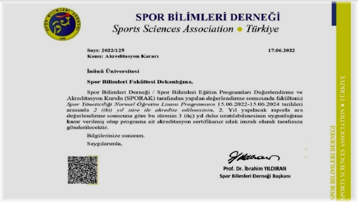 İnönü üniversitesi Spor Yöneticiliği bölümü akredite edildi