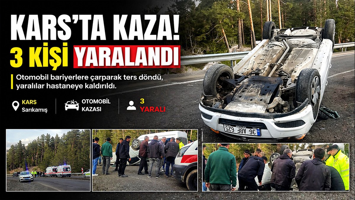 Kars-Erzurum kara yolunda otomobil bariyere çarpıp ters döndü: 3 yaralı