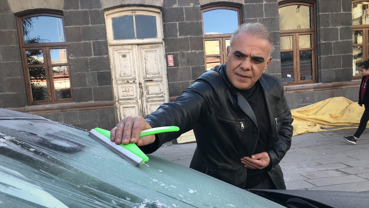 Kars'ta araç camları buzla kaplandı, bitkiler kırağı tuttu