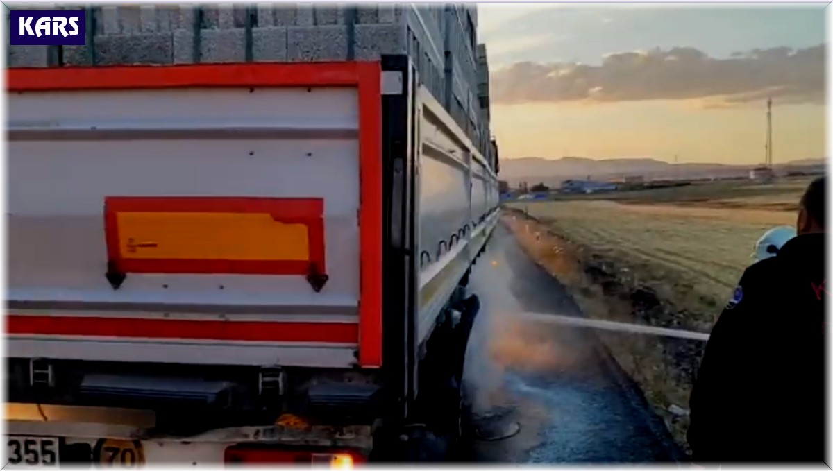 Kars'ta hareket halindeki tırın lastikleri alev aldı