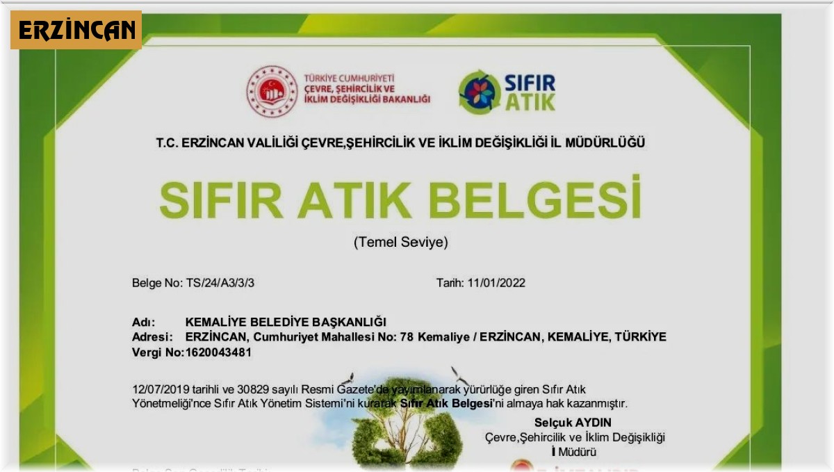 Kemaliye Belediyesine Sıfır Atık Belgesi