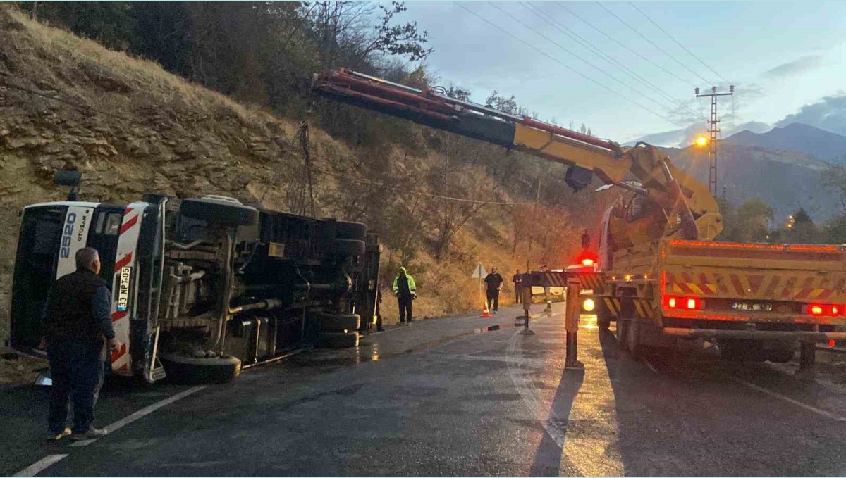 Kemaliye'de canlı hayvan taşıyan çekici devrildi: 2 hayvanın ayağı kırıldı