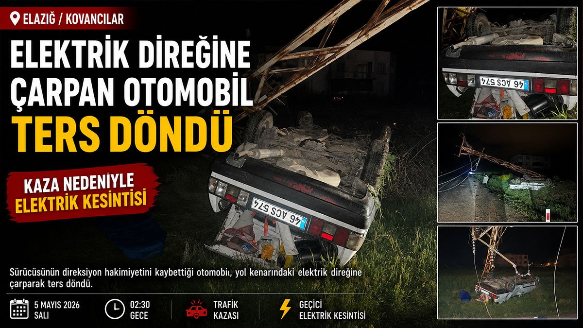 Kovancılar'da otomobil elektrik direğine çarptı, iki mahallede elektrik kesildi
