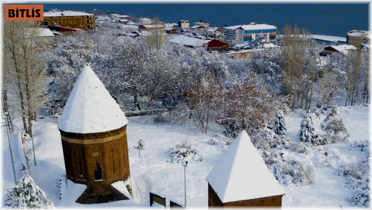 Kubbeleri beyaza bürünen Ahlat kümbetlerinden masalsı görüntüler