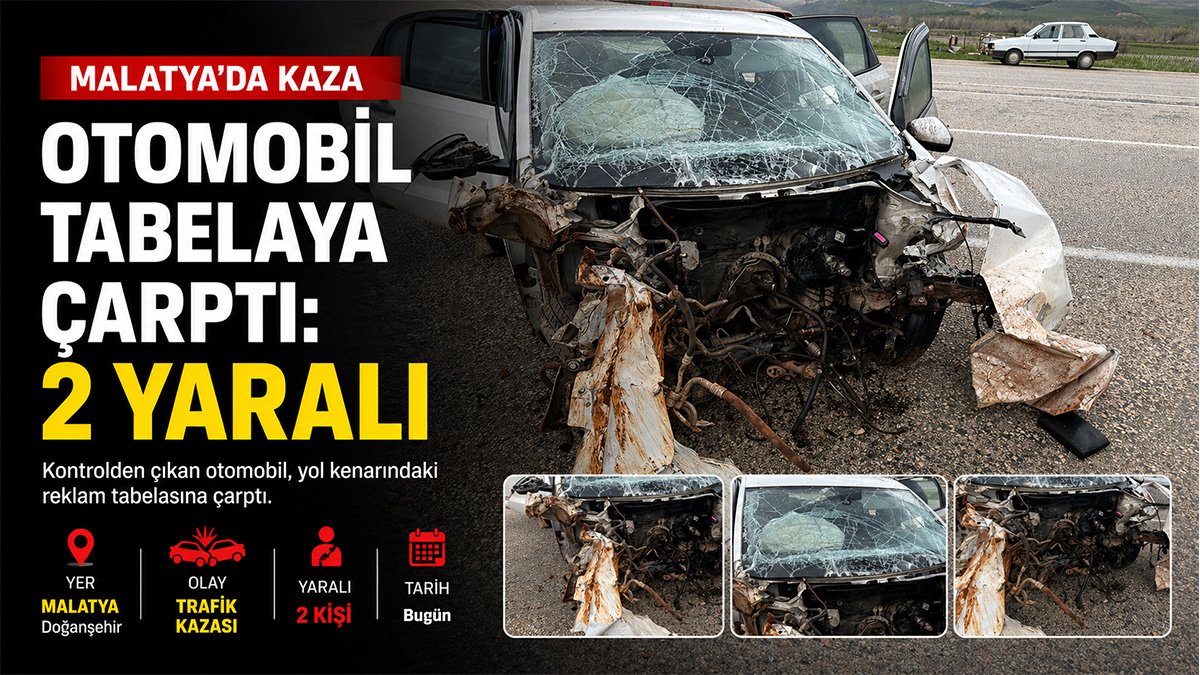 Malatya Doğanşehir'de kontrolden çıkan otomobil reklam tabelasına çarptı: 2 yaralı