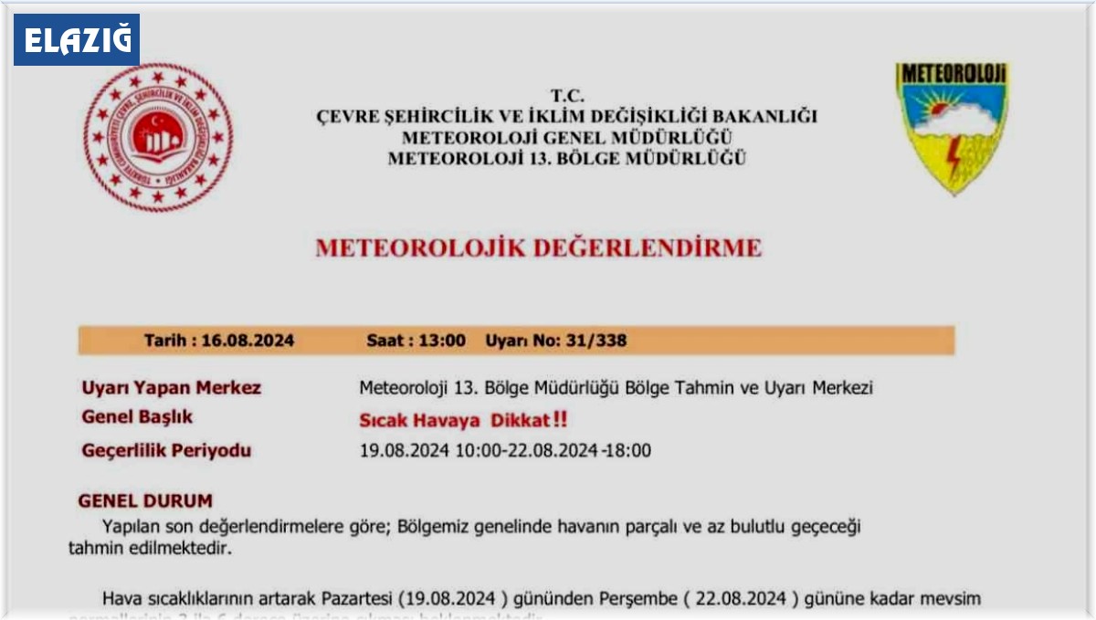 Meteorolojiden Elazığ'a 'sıcak hava' uyarısı