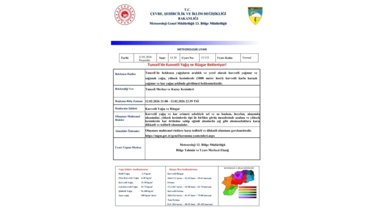 Meteorolojiden Tunceli'ye kuvvetli yağış ve rüzgar uyarısı