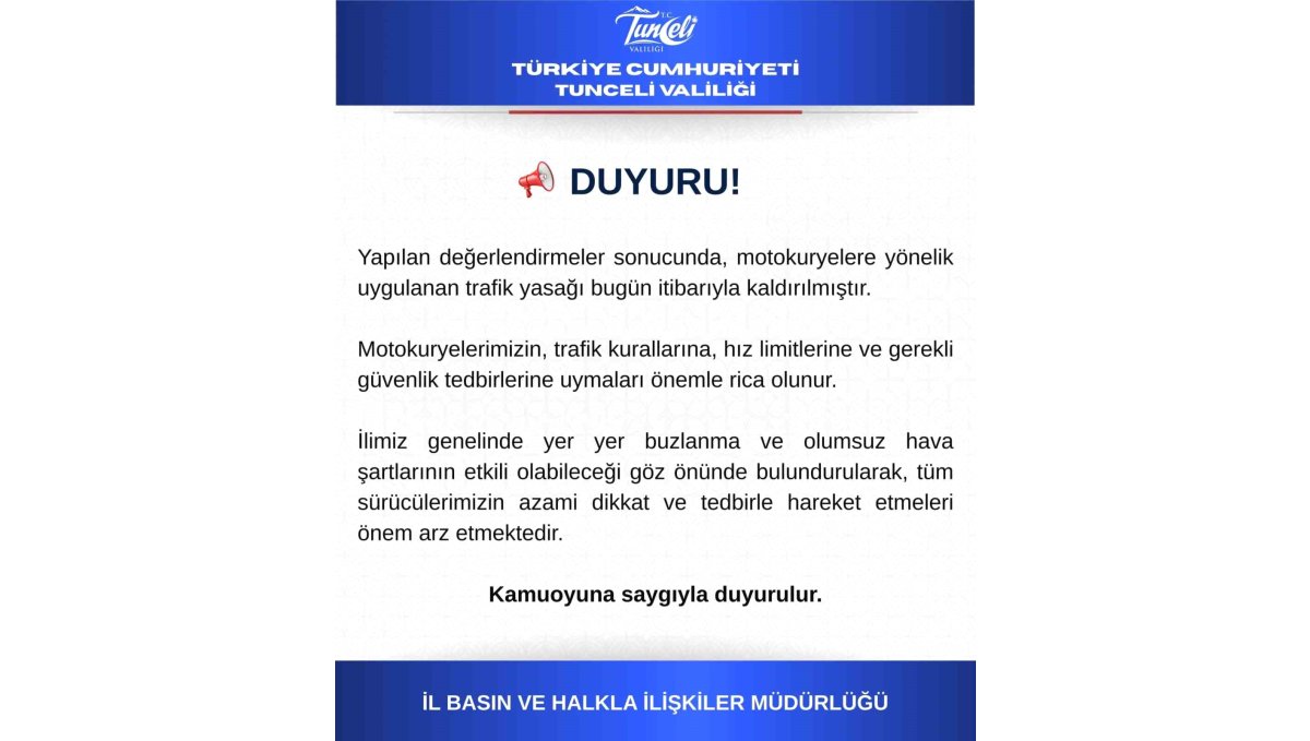 Motokuryelere uygulanan trafik yasağı kaldırıldı