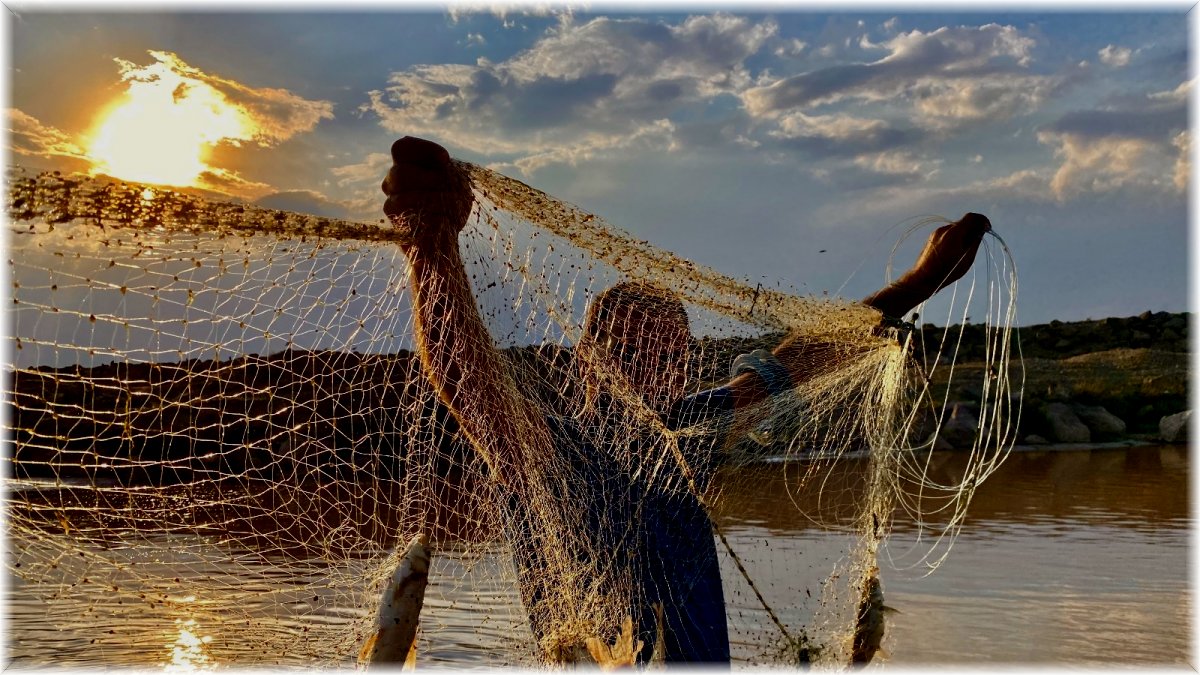 Murat Nehri'nde gün batımında balık avı