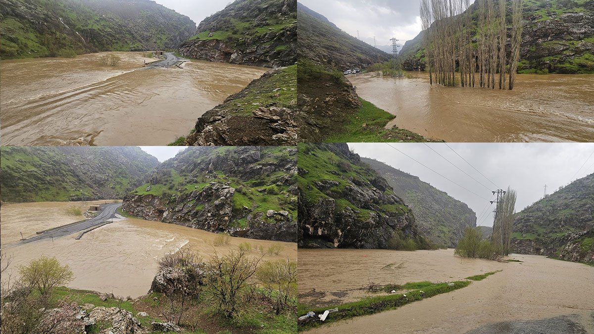 Sağanak sonrası taşan dere Şemdinli-Derecik kara yolunu kapattı
