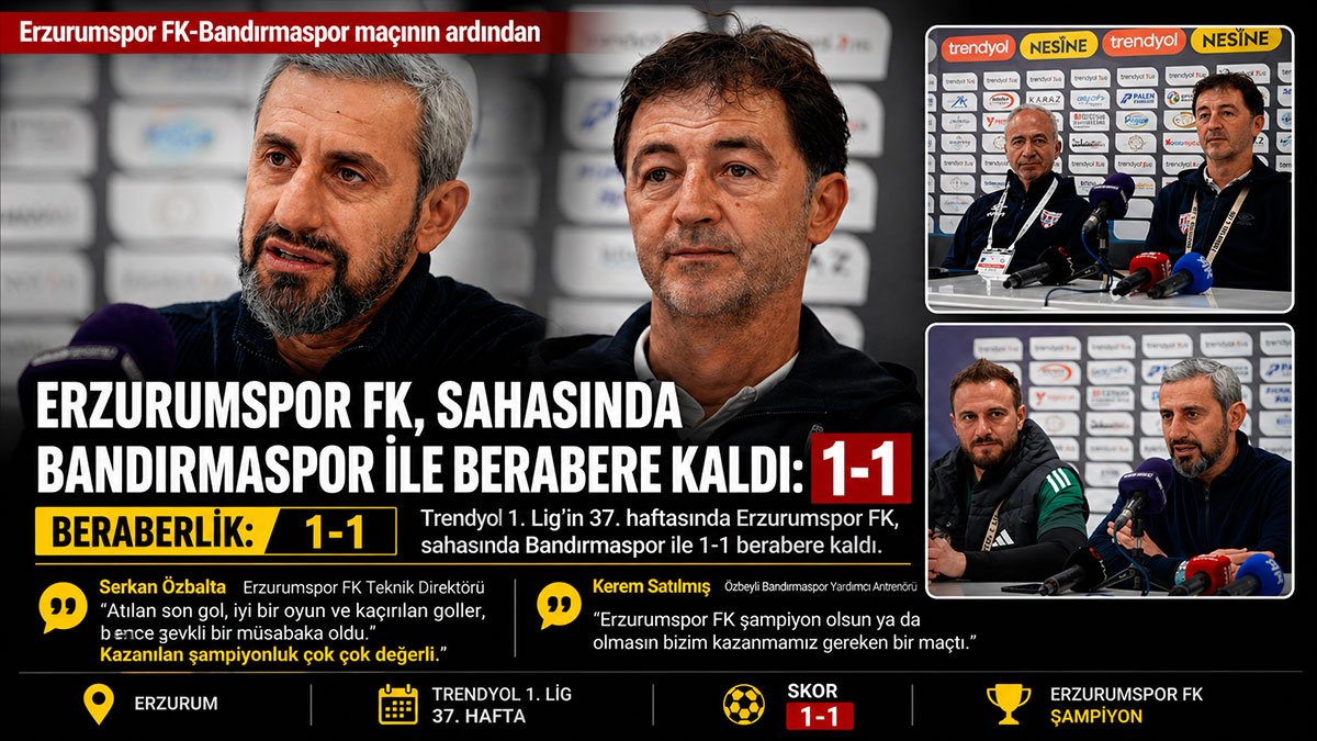 Şampiyon Erzurumspor FK, Bandırmaspor beraberliğiyle iç sahayı yenilgisiz kapattı