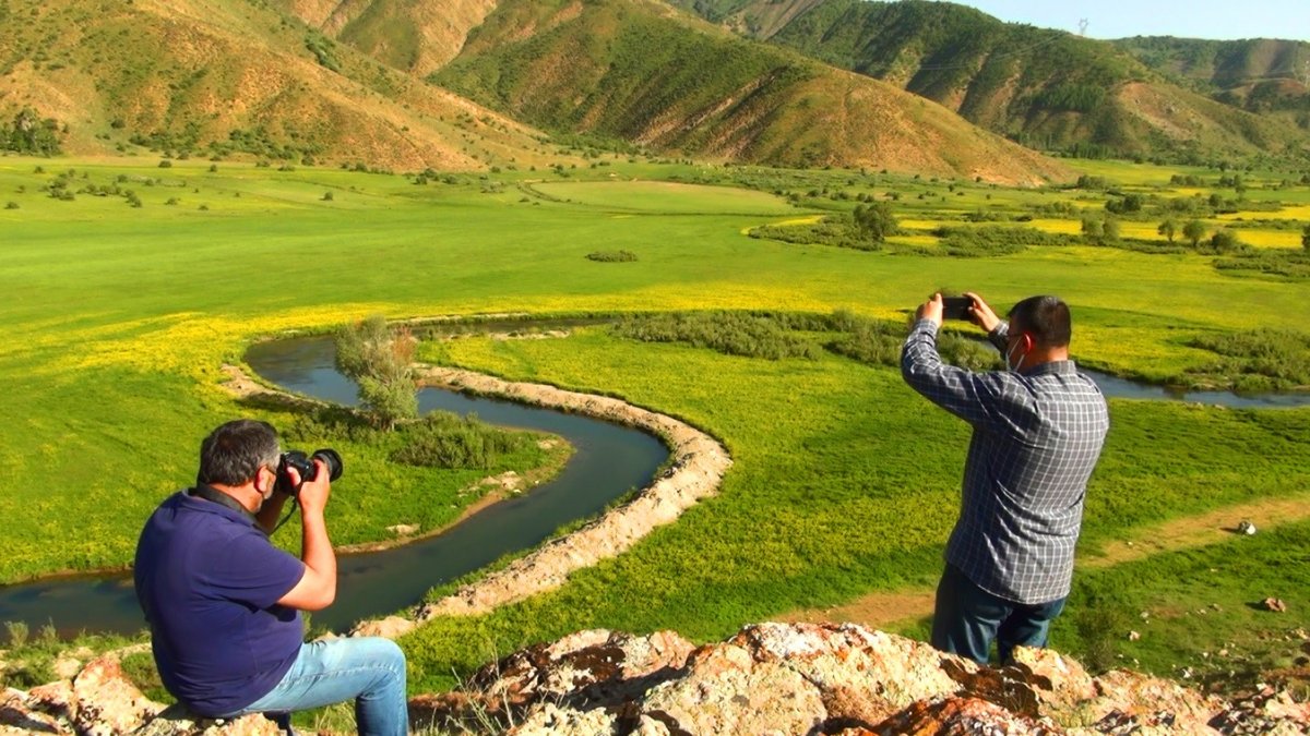 Sarı çiçeklerle süslenen menderesler görsel şölen sunuyor