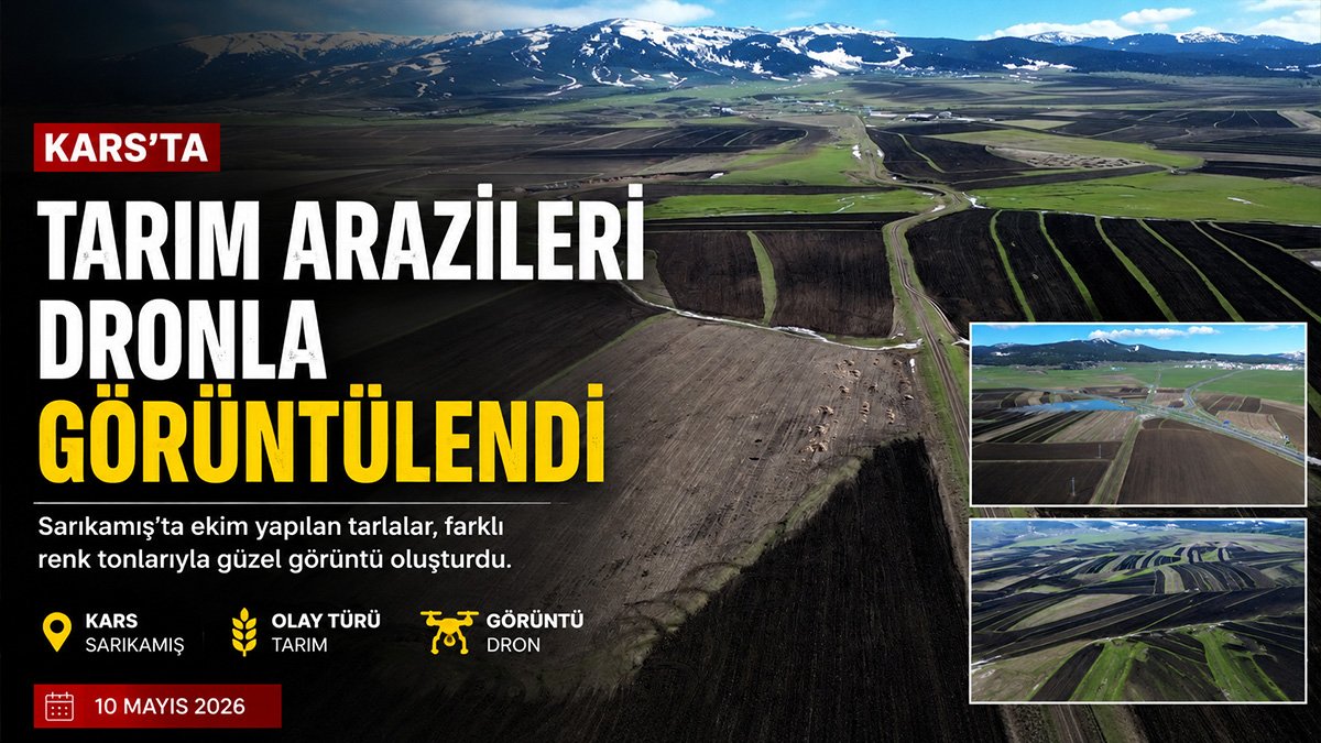 Sarıkamış'ta ekim yapılan tarlalar karla kaplı dağlar arasında dronla görüntülendi