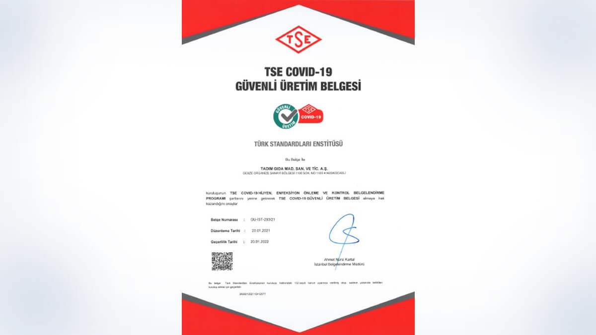 Tadım'a TSE COVID-19 Güvenli Üretim Sertifikası