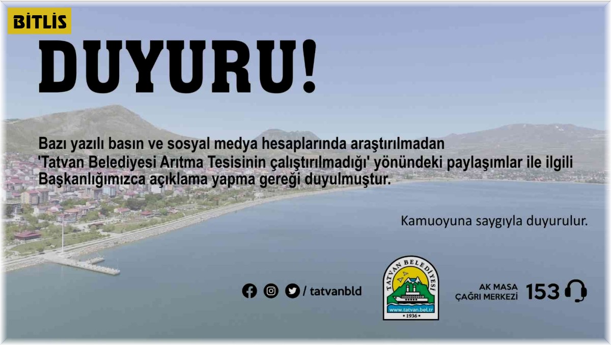Tatvan Belediyesinden 'arıtma tesisinin çalıştırılmadığı' yönündeki iddialara ilişkin açıklama