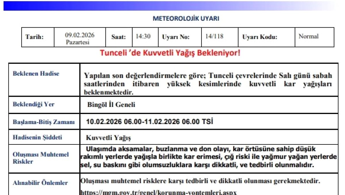 Tunceli için kuvvetli kar yağışı uyarısı