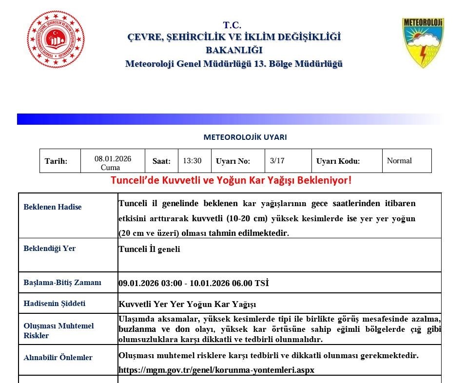 Tunceli için kuvvetli ve yoğun kar uyarısı