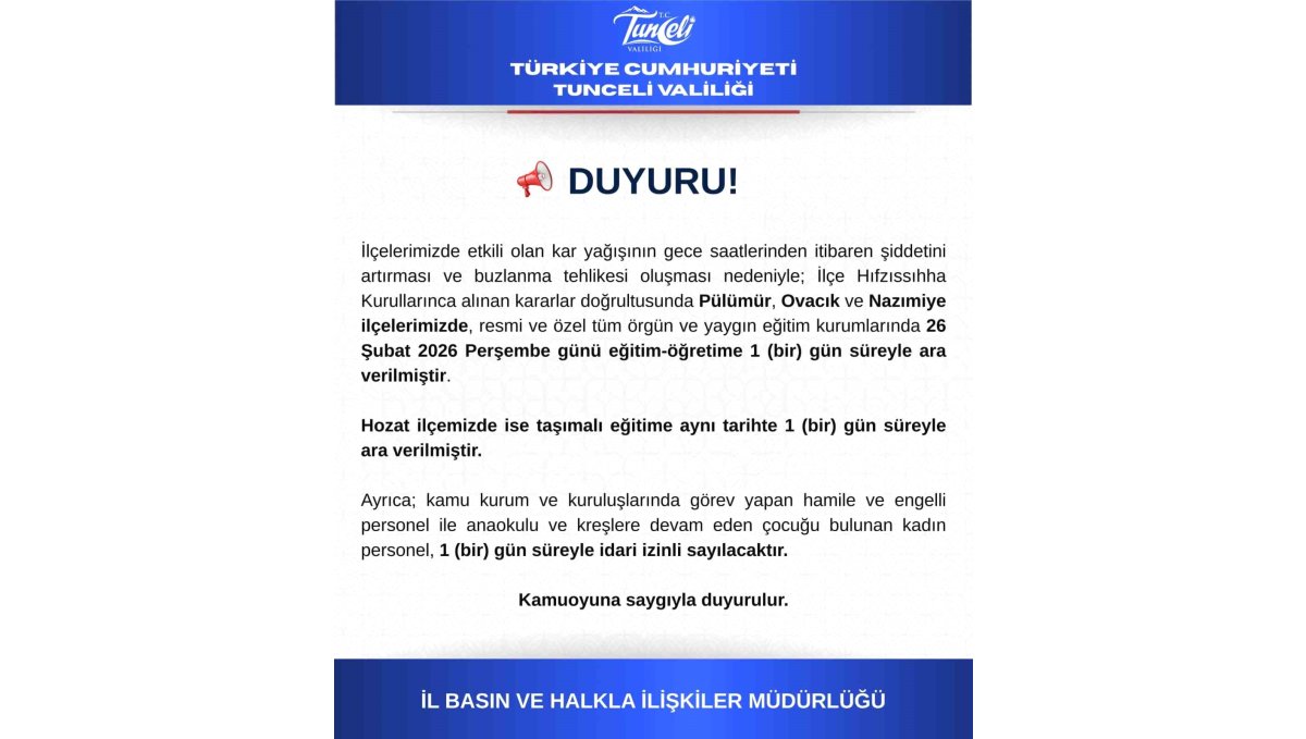 Tunceli'nin 3 ilçesinde eğitime 1 gün ara verildi