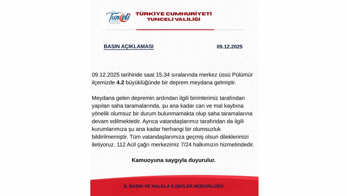 Tunceli Valiliği'den deprem açıklaması: "Şuana kadar herhangi bir olumsuzluk bildirilmemiştir"