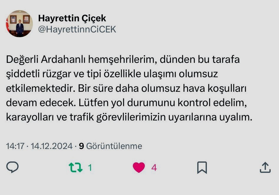 Vali Çiçek'ten sürücülere kar ve tipi uyarısı