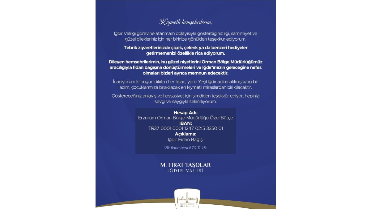 Vali Taşolar'dan tebrikler için anlamlı çağrı: "Çiçek yerine fidan bağışı"