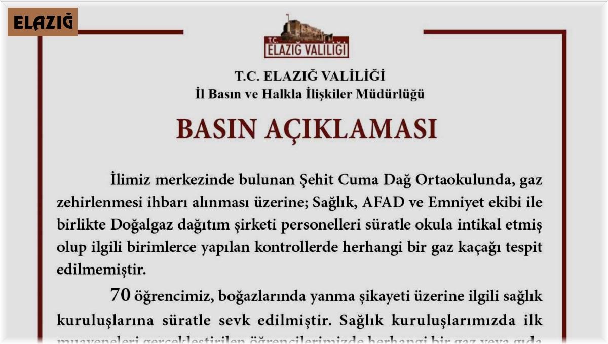 Valilikten açıklama: "Öğrencilerimize herhangi bir gaz veya gıda zehirlenme teşhisi konulmamıştır"