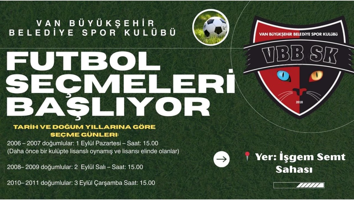 Van Büyükşehir Belediyespor Kulübünün futbol seçmeleri başlıyor