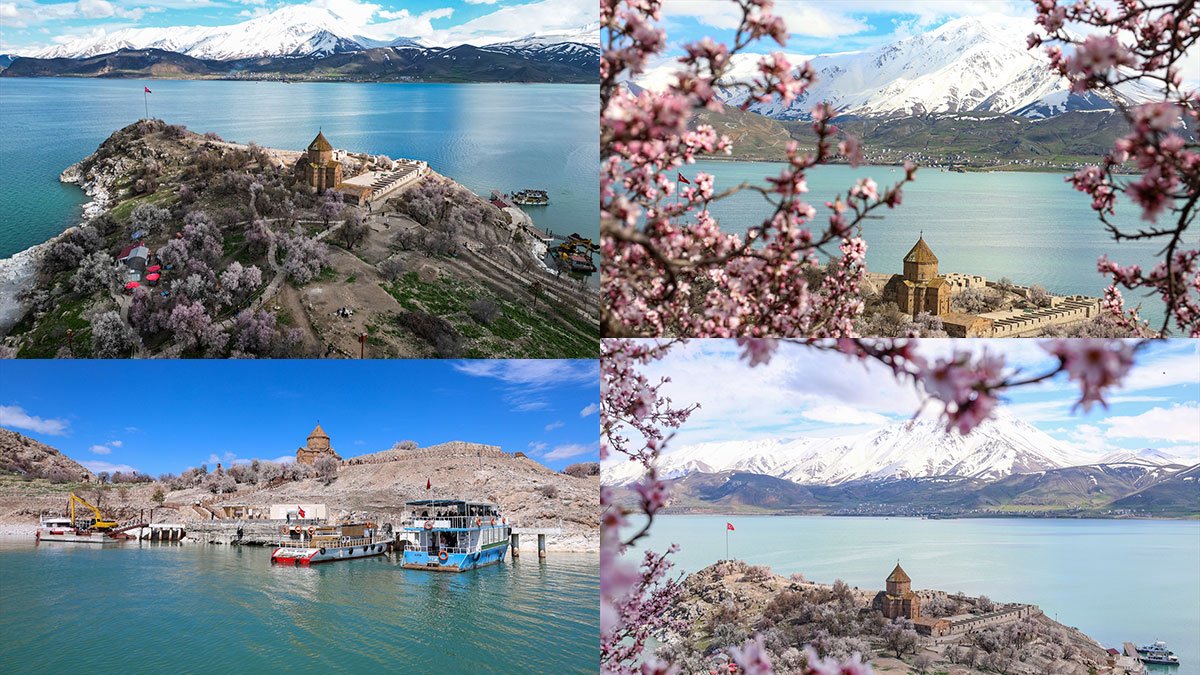 Van Gölü'nde bir yanda kar, bir yanda badem çiçekleri: Akdamar Adası'nda büyüleyen bahar