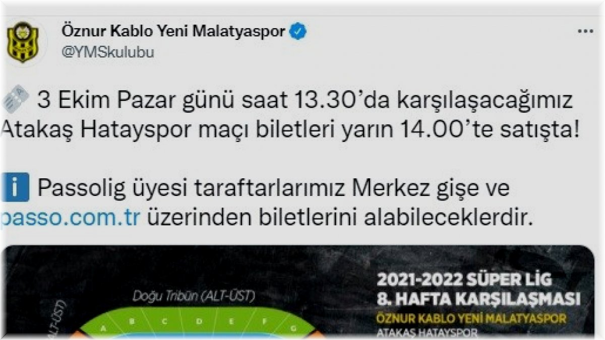 Yeni Malatyaspor - Hatayspor maçının biletleri satışa çıkıyor