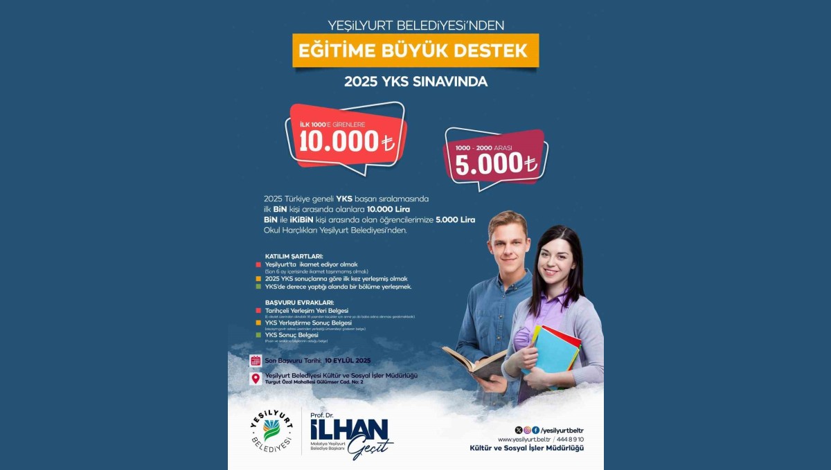 YKS'de ilk 2 bine giren öğrencilere Yeşilyurt'tan nakdi ödül