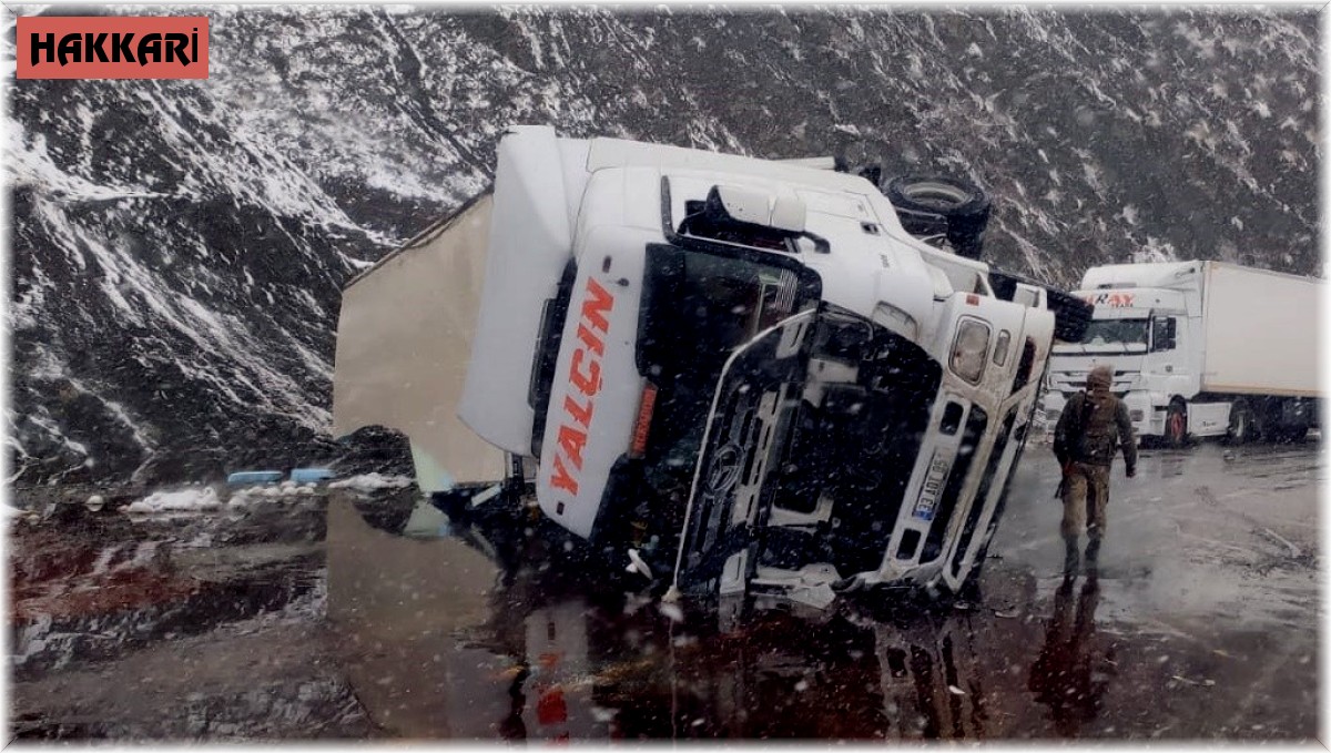 Yoldan çıkan tır devrildi