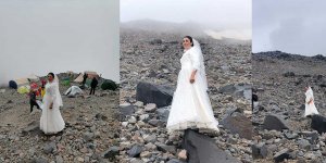 Dağcı Sevgül Eraslan, Ağrı Dağı’nda gelinlik giyerek kadın ve çocuklara yönelik şiddete dikkat çekti