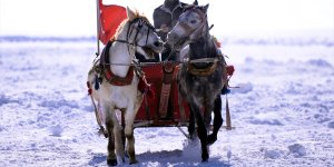 Buzla kaplı Çıldır Gölü "Altın At Kristal Buz Festivali" ile şenlendi