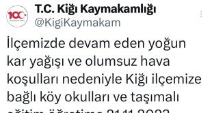 Yedisu'dan sonra Kiğı'da da taşımalı eğitime 1 gün ara verildi