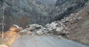 Hakkari'de dağdan kopan kayalar köy yolunu kapattı