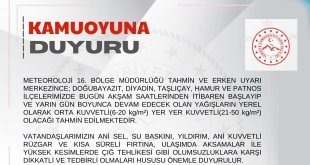 Ağrı Valiliği'nden Kuvvetli Yağış Uyarısı