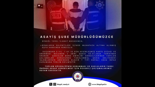 Bingöl'de hakkında 3 yıl kesinleşmiş hapis cezası bulunan şahıs yakalandı