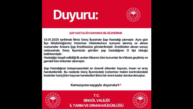 Genç ilçesinde şap karantinası