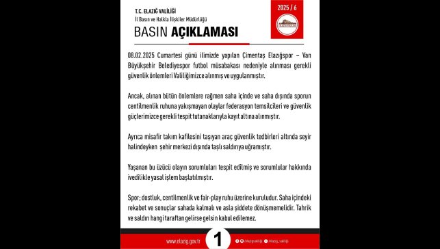 Elazığ Valiliği'nden maç sonrası açıklama