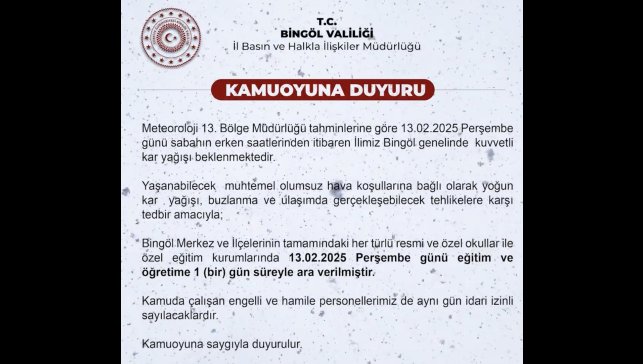 Bingöl'de eğitime 1 gün ara verildi