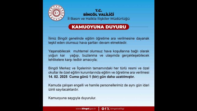 Bingöl'de okullara kar tatili